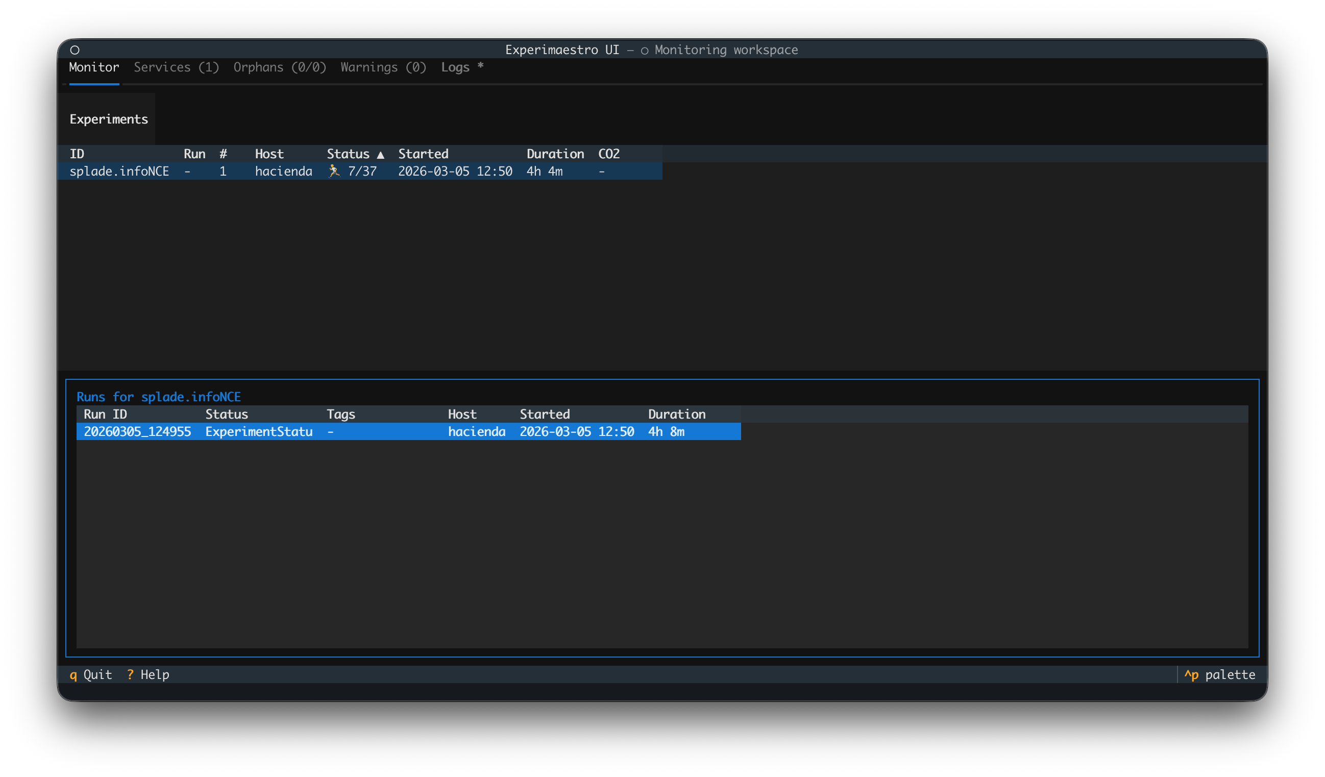 Experiment screen